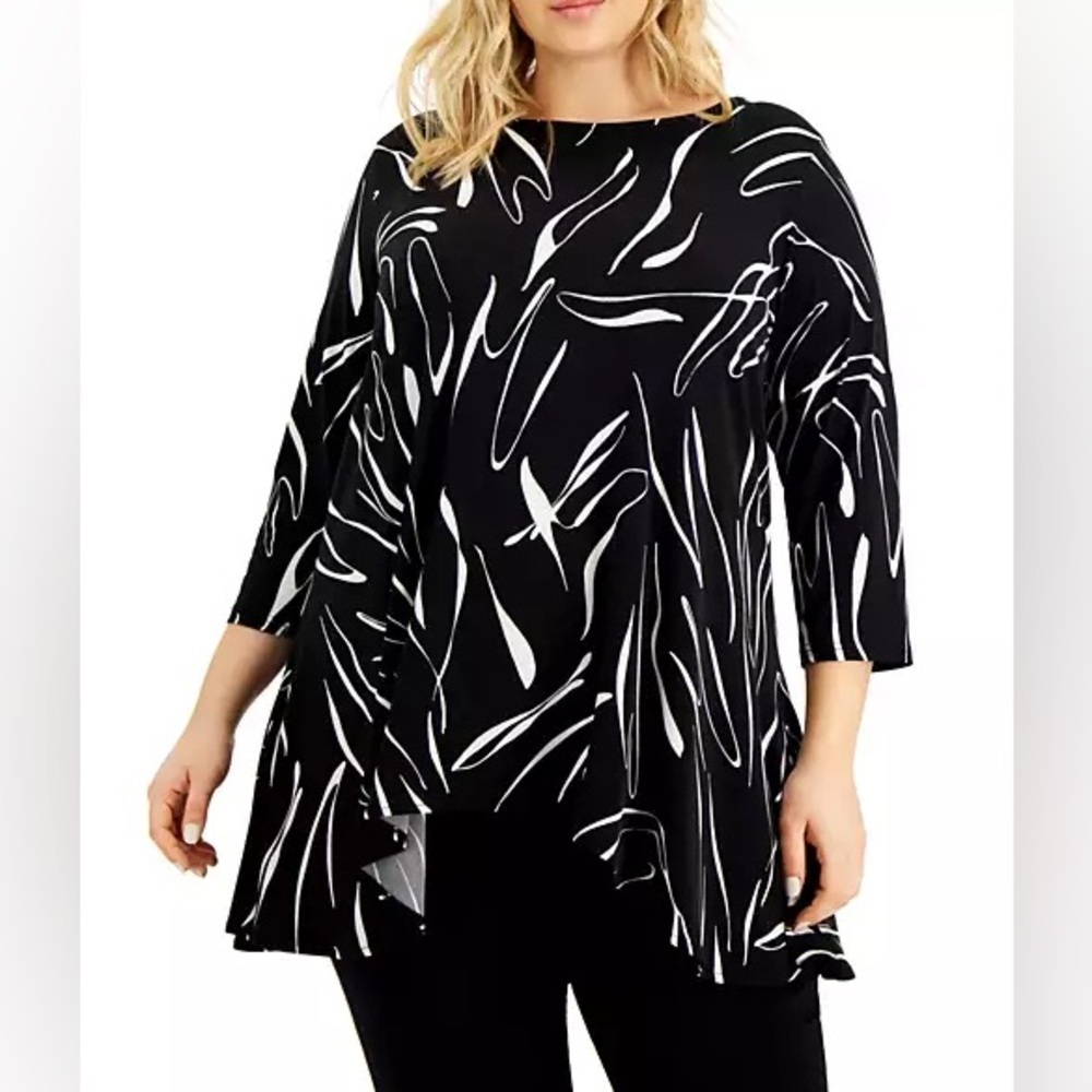 NWT Alfani top black white 3/4 sleeve swing hem tunic length Sz XL $49.50